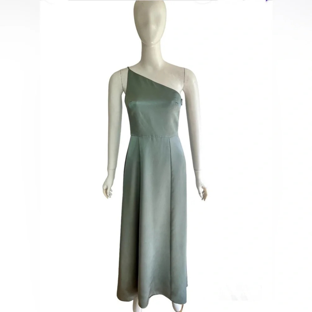 Amsale Womens One Shoulder Satin Side Zip Maxi Dress Long Gown Green Size 0 - Picture 2 of 9